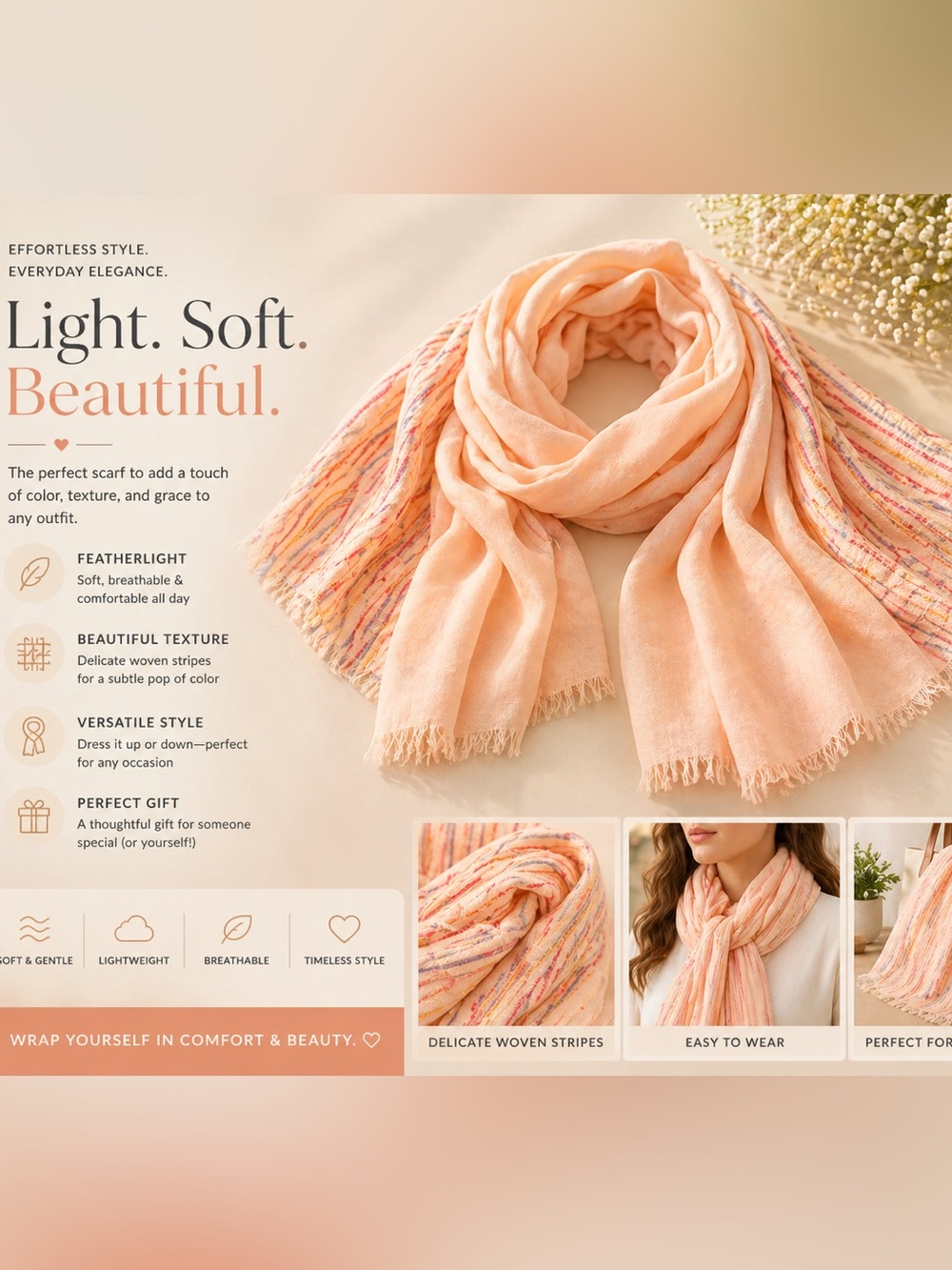 Women's Peach Lightweight Scarf - Soft Peach Accessory